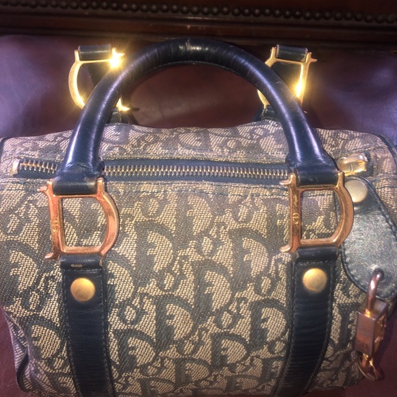 Christian Dior] Blue Logo Denim Leather Boston bag with lock + key - Picture 3 of 16